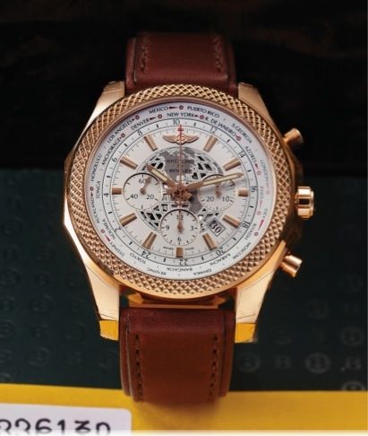 BREITLING REF. RB0521 BENTLEY.CHRONOGRAPH UNITIME PINK GOLD.Breitling, Automatic, Chronograph, Unitime, Automatic, No. 82.case No. 4226430, Ref. RB0521. Sold June 8th, 2015..Fine, large, self-winding, water-resistant, 18K pink gold.Chronometer wristwatch 