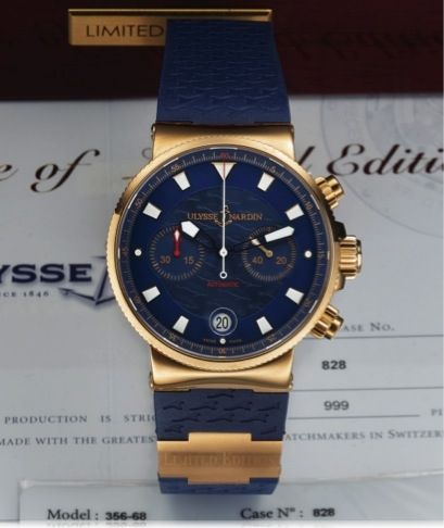 ULYSSE NARDIN REF. 356-68 BLUE SEAL LIMITED.EDITION CHRONOGRAPH PINK GOLD.Ulysse Nardin, Blue Seal Limited Edition Chronograph, No. 828 /.999, Ref. 356-68. Made in a limited edition of 999 circa 2012..Fine, self-winding, water-resistant, 18K pink gold wri