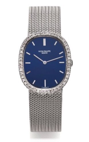 PATEK PHILIPPE REF. 3546.ELLIPSE.DIAMOND AND WHITE GOLD.Patek Philippe, Genève, No. 1217406, case No..2726962, Ref. 3546. Made in the 1970s..Fine and elegant, 18K white gold and diamond.wristwatch with an integral woven 18K white.gold Patek Philippe brace