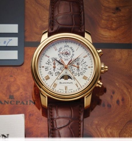 BLANCPAIN SPLIT SECONDS.PERPETUAL CALENDAR PINK GOLD.Blancpain, Chronographe Rattrapante - Perpetual Calendar.No. 82, Ref. 4286. Sold on December 31th, 2007..Very fine, rare, heavy and large, self-winding, 18K pink.gold wristwatch with round button co-axi