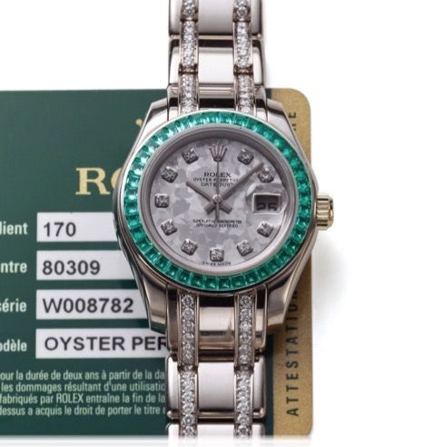 ROLEX REF. 80309 LADY DATEJUST.PEARLMASTER.DIAMOND EMERALD.AND WHITE GOLD.Rolex, Oyster Perpetual, Datejust, Superlative.Chronometer Officially Certified, Ref. 80309..case No. W008782. Sold on February 13th, 2013..Very fine and rare, center seconds, self-