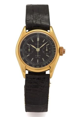 ROLEX, REF. 2303, BABY SINGLE BUTTON.CHRONOGRAPH, BLACK DIAL YELLOW GOLD.Rolex, case No. 16121, Ref. 2303. Made in 1935, retailed by.Kerby..Very fine and extremely rare, small, 18K yellow gold.wristwatch with co-axial button chronograph, registers.tachome