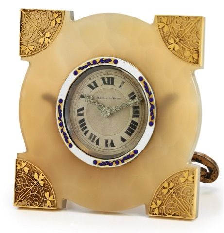 MAPPIN & WEBB AGATE GOLD & ENAMEL CLOCK.Mappin & Webb, the movement Swiss, case No. 297. Made circa 1910..Fine, 8-day going, agate, silver, gold and enamel desk clock.