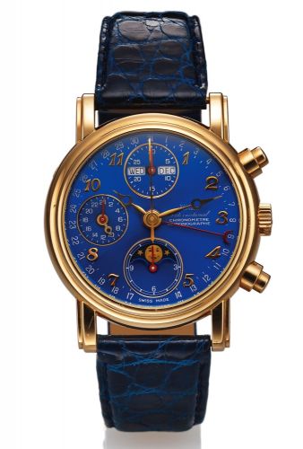 WALDAN CHRONOMETER CHRONOGRAPH PINK GOLD.Waldan International, Chronomètre Chronographe, No. 1030.case No. 210. Made in circa 2000..Fine, astronomic, self-winding, water-resistant, 18K pink gold.wristwatch with round button chronograph, registers, triple 