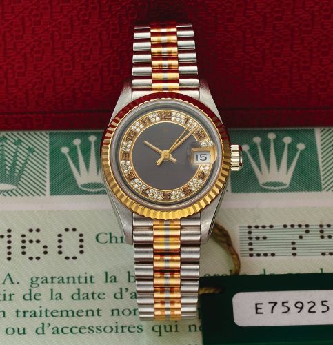 ROLEX REF. 69179 LADY DATEJUST.DIAMOND DIAL.TRIDOR 18K WHITE YELLOW PINK GOLD.Rolex, Oyster Perpetual Datejust - Tridor, Superlative Chronometer Officially Certified, case No. E759251, Ref. 69179 B. Made circa 1990..Very fine and very rare, center seconds