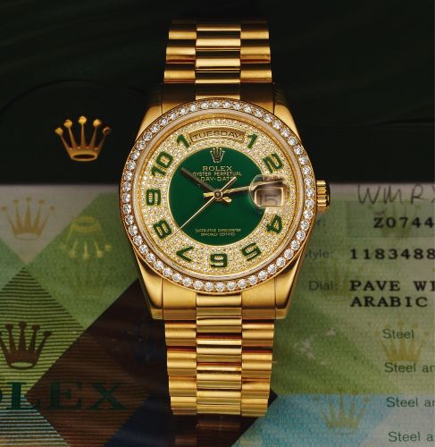 ROLEX REF 118348 DAY DATE YELLOW GOLD.DIAMONDS.Rolex, Oyster Perpetual Day-Date Superlative Chronometer Officially Certified, case No. Z074478.Ref. 118348. Sold on September 26th, 2007..Fine and rare, center seconds, self-winding, water-resistant, 18K yel