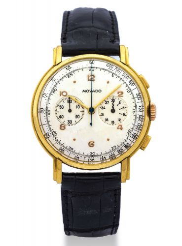 MOVADO REF. 9033 OVERSIZE CHRONOGRAPH YELLOW GOLD Movado, "Chronograph", No. 104119, Ref. 9033. Made in the 1950s. Fine, 18K yellow gold wristwatch with square-button chronograph and register.