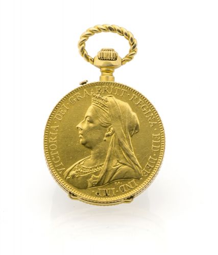 PAUL DITISHEIM, MINATURE VICTORIA COIN WATCH Paul Ditisheim, Swiss, case no. 915/2362, made circa 1910. Fine, small and very rare 18K yellow gold pocket watch within an English Victoria coin.