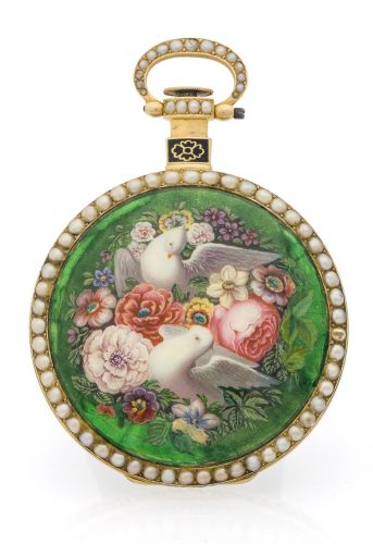 SUMMER FLOWERS Summer Flowers" Just & Son, London, No. 3894. Probably made by Bovet, Fleurier, for the Chinese market, circa 1840. Fine, gold and painted on enamel pocket watch with center seconds.