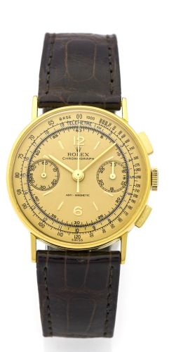 ROLEX, REF. 3484 Rolex, "Chronographe Anti-magnetique" case No. 53500, Ref. 3484. Made in 1940. Very fine and very rare, 18K yellow gold gentleman's wristwatch with square button chronograph, register, tachometer, telemeter and a 18k yellow gold Rolex buc