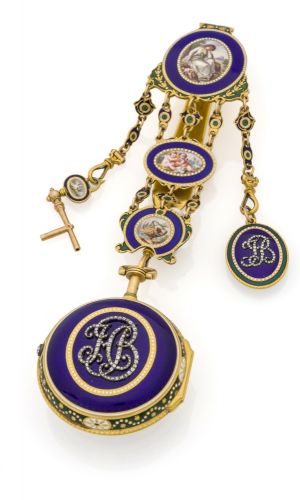 HALEY, ENAMEL PEARL SET WATCH WITH CHATELAINE. Haley, London, No. 2080, circa 1790. Very fine and rare gold and painted on enamel, pearl-set watch of noble provenance, with original matching châtelaine.