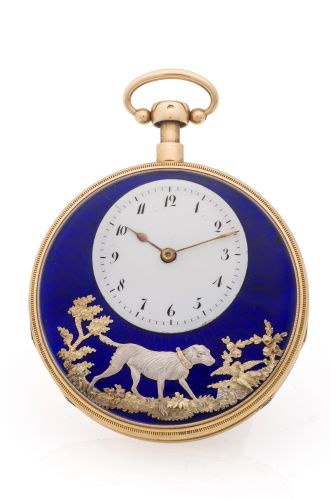 PIGUET & MEYLAN, "BARKING DOG WITH DOVES". J.D. Piguet & P. Meylan, Geneva, No. 193, circa 1820. Very rare and very fine 18K gold, quarter-repeating "barking dog automaton watch.