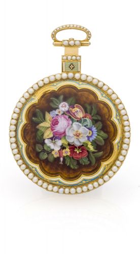 BARRAUD'S SUMMER BOUQUET ENAMEL AND PEARL-SET GOLD Barrauds, Cornhill, London, No. 9904. Made for the Chinese market, the case with London hallmarks for 1813-14. Very rare and fine, large, 18K gold painted on enamel, pearl-set pocket watch.