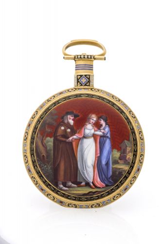 ILBERY, ''EL CAMINO DE SANTIAGO DE COMPOSTELA' Gold and enamel '' Road to Santiago de Compostella''. London, No. 6838, the enamel attributed to Hess, Geneva.circa 1820. Very fine and rare, 18K gold, painted on enamel pocket watch with duplex escapement.