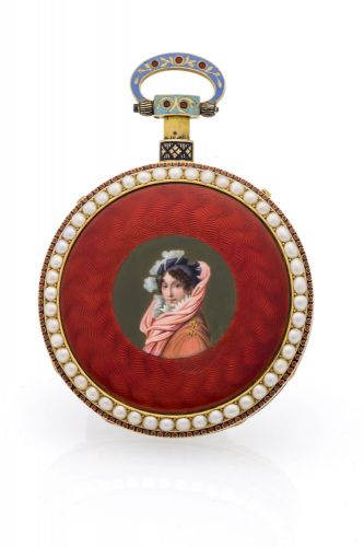 ALLEGORY OF WINTER Piguet Meylan, Geneva, No. 5974, the case by Frères Oltramare,made for the Chinese Market circa 1820. Extremely fine and very rare, 18K gold and painted on enamel, pearl-set, center seconds,quarter repeating pocket watch,the enamel by J
