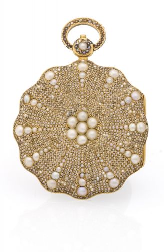 GOLD ENAMEL AND PEARL POCKET WATCH Attributed to Bautte & Moynier à Genève. Made circa 1800 for the Chinese market. Number 806. Very fine and rare, 18K gold, split pearl-set pocket watch.