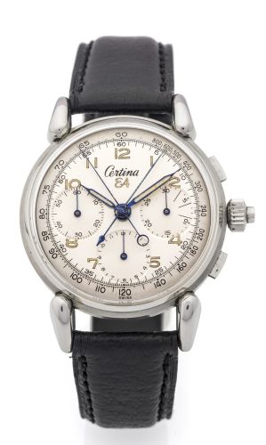 CERTINA EA SPLIT OVERSIZE STEEL Certina, "EA, Split-Seconds Chronograph", Ref. 738 316. Made in the 1950's. Very fine and rare, stainless steel wristwatch, with square button chronograph co-axial split, registers, tachometer with a stainless steel Certina