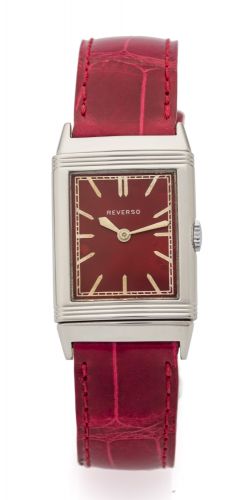 EARLY STEEL REVERSO - RED LACQUERED DIAL Lisica S.A. (Tavannes Watch Co. for Jaeger-LeCoultre), "Reverso movement No. 223109, case No. 10839, Ref. 201. Made circa 1931. Fine and very rare, rectangular, reversible, stainless steel wristwatch with red lacqu