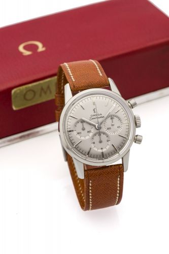 OMEGA REF. 14364-2, SEAMASTER CHRONOGRAPH, STEEL Omega, Seamaster, No. 22088465, Ref. 14364-2. Made circa 1960. Fine and rare, water-resistant, stainless steel wristwatch with round button chronograph, registers and a stainless steel Omega buckle, Accoman