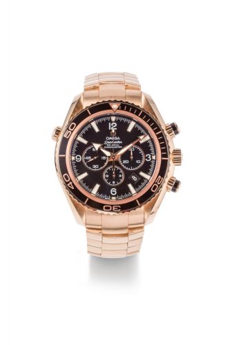 OMEGA,''PLANET OCEAN CHRONOGRAPH'', REF. 222.60.46.50.01.001 MADE IN 2012 Fine, self-winding, water-resistant, 18K gold, diver's Chronometer wristwatch with round button chronograph, graduated black bezel for decompression timing date, helium escape valve