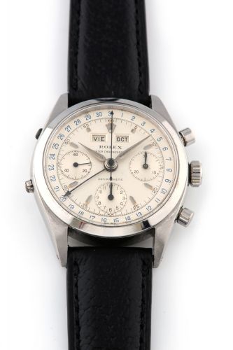 ROLEX, JEAN CLAUDE KILLY, REF. 6236, STEEL Rolex, Oyster Chronograph, Ref. 6236, no. 576391. Made circa 1950's. Fine and important, manual wind chronograph with triple date with a stainlesssteel Rolex buckle. Rare et importante montre bracelet triple cale