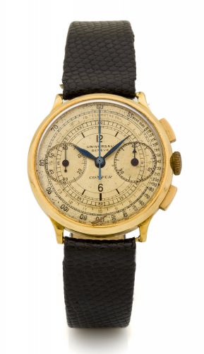 UNIVERSAL, COMPUR CHRONOGRAPH A fine and early, manual wind, 18k yellow gold chronograph wristwatch.