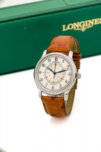 LONGINES, WEEMS, SWISSAIR EXCLUSIVE, ENAMEL DIAL, STEEL A fine, self-winding, stainless steel navigational wristwatch with enamel dial.