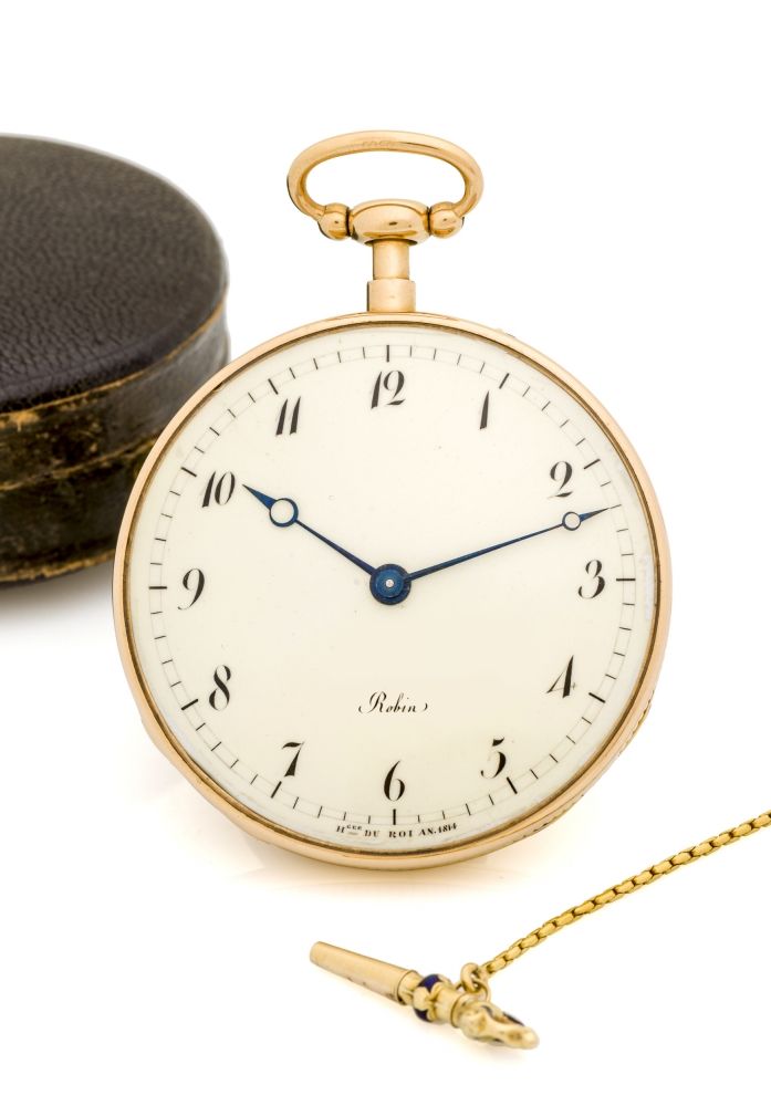 QUARTER REPEATING CYLINDER ESCAPER Fine gold quarter repeating 18K gold pocket watch with cylinder escapement.