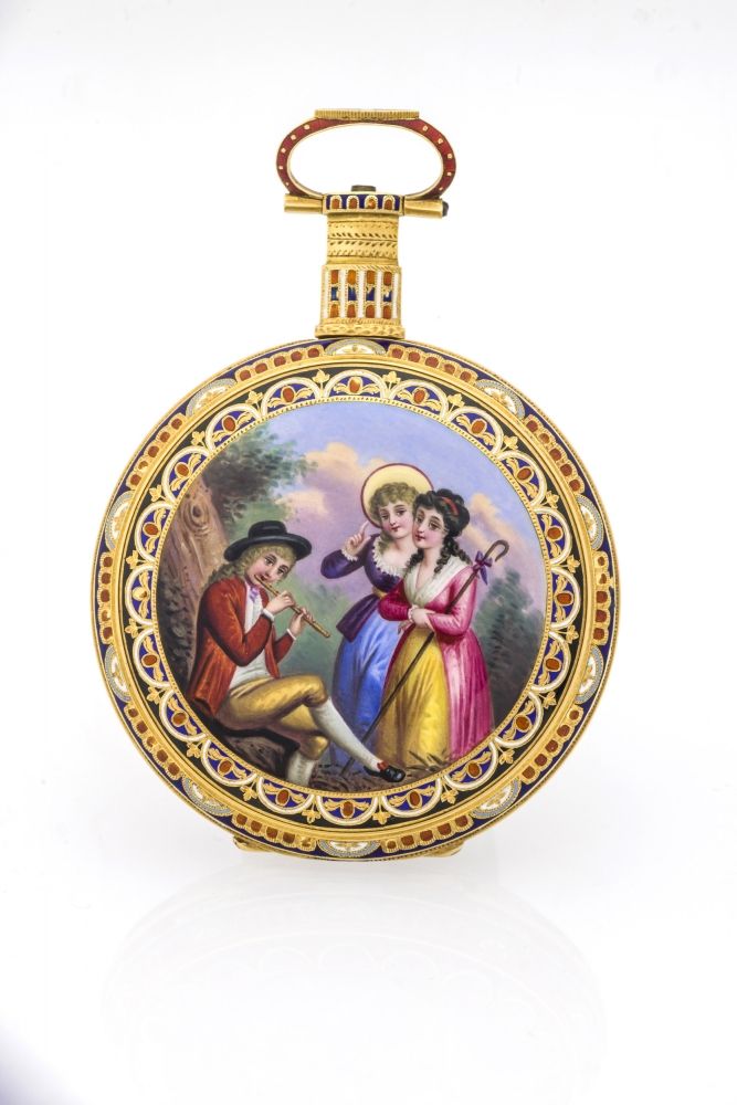 EDOUARD JUVET, THE COUNTRY SERENADE, ENAMEL WITH DUPLEX ESCAPEMENT Very fine, 18K gold and painted on enamel pocket watch with duplex escapement and centre seconds.