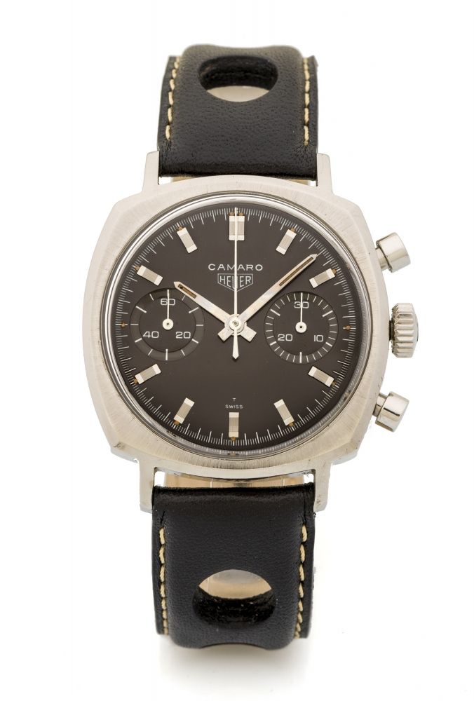 HEUER REF. 7743 CAMARO GREY TROPICAL DIAL STEEL Fine, water-resistant, cushion-shaped, manual winding stainless steel wristwatch with round button chronograph and register.