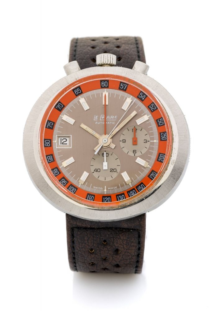 LE PHARE, BULLHEAD CHRONOGRAPH A rare and unusual, automatic stainless steel chronograph wristwatch with date.