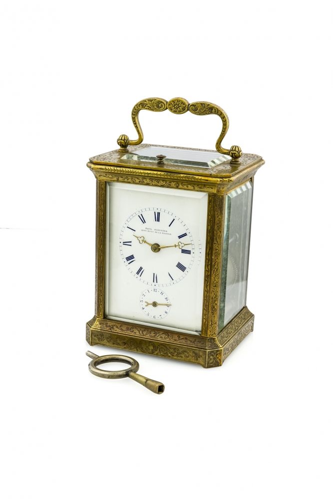 PAUL GARNIER ALARM CARRIAGE CLOCK BRASS Fine, key-winding, brass carriage clock with hour and half-hour striking, alarm.