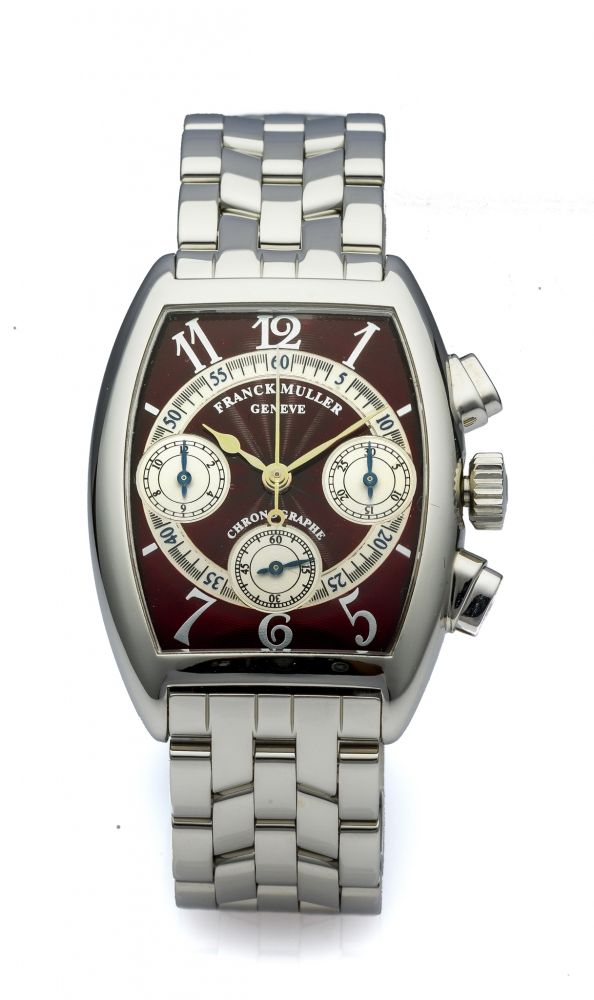 FRANCK MULLER REF. 7502 MECHANICAL cHRONOGRAPH STEEL Fine and rare, manual-winding, stainless steel lady's wristwatch with chronograph.