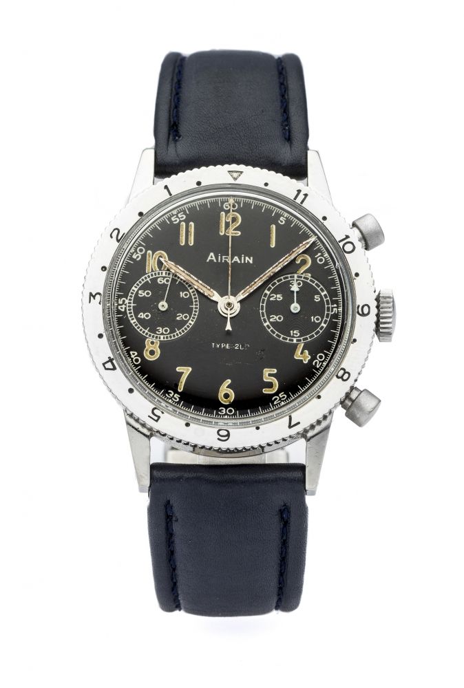 AIRAIN CHRONOGRAPH STEEL Fine and rare, manual-winding, stainless steel wristwatch with chronograph.