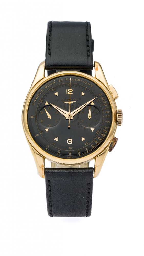 LONGINES REF. 6595 FLY BACK CHRONOGRAPH ROSE GOLD Very fine and rare, manual-winding, 18K rose gold wristwatch with fly-back chronograph.