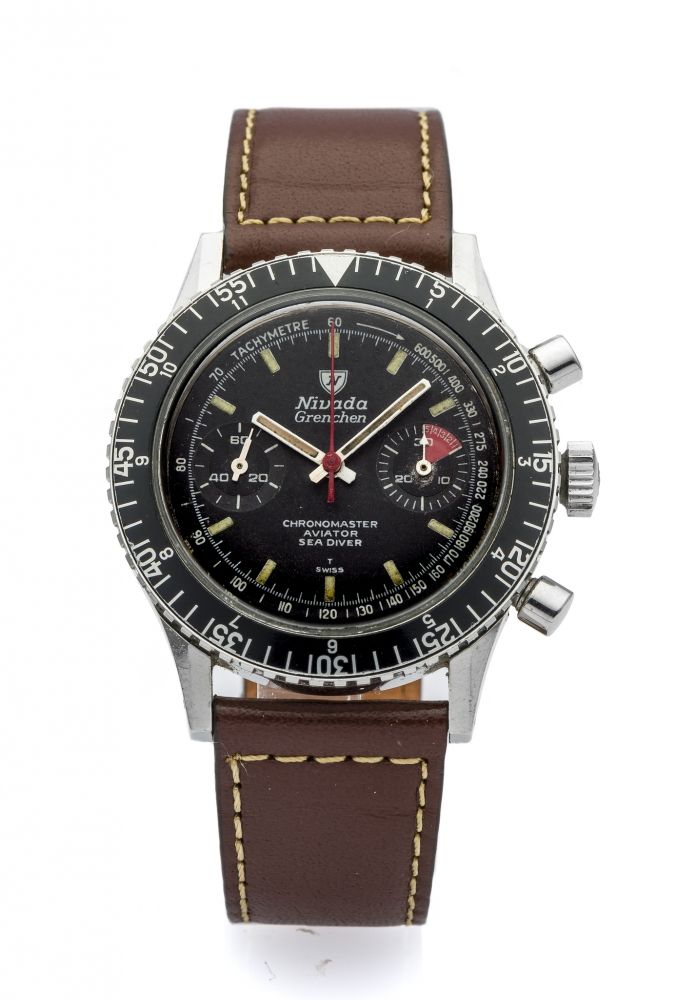 NIVADA GRENCHEN REF. 3730 CHRONOGRAPH STEEL Fine and rare, manual-winding, stainless steel wristwatch with chronograph.