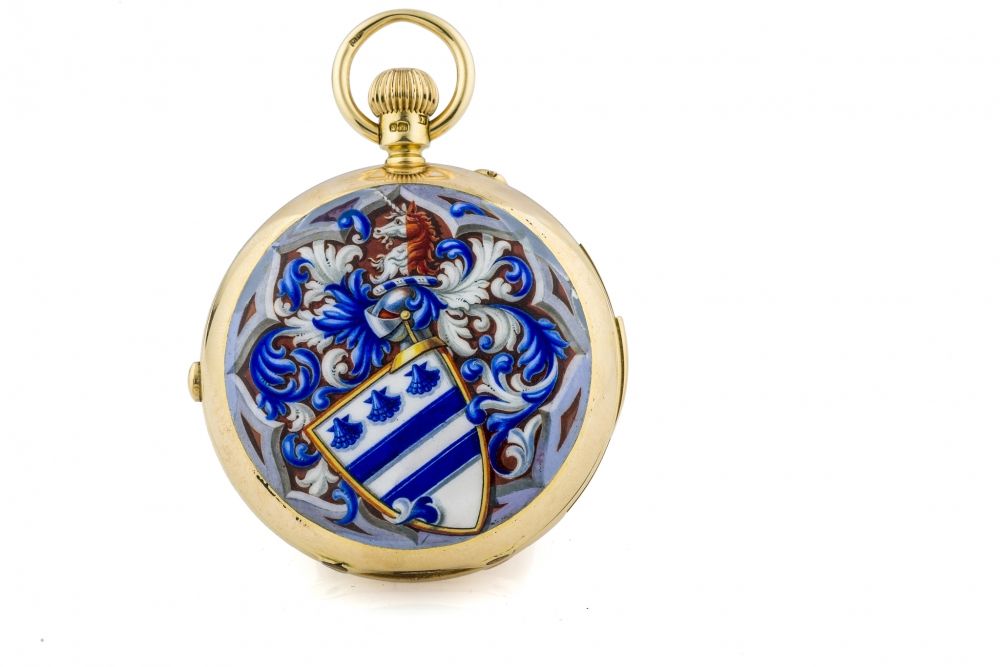 HENRY LEWIS POCKET WATCH PERPETUAL CALENDAR MINUTE-REPEATER YELLOW GOLD Very fine and rare, manual-winding, 18K yellow gold hunter case enamel pocket watch with perpetual calendar, minute-repeating and English lever escapement movement.