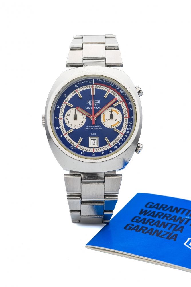 HEUER, MONTREAL A fine, large, self-winding, stainless steel chronograph wristwatch.