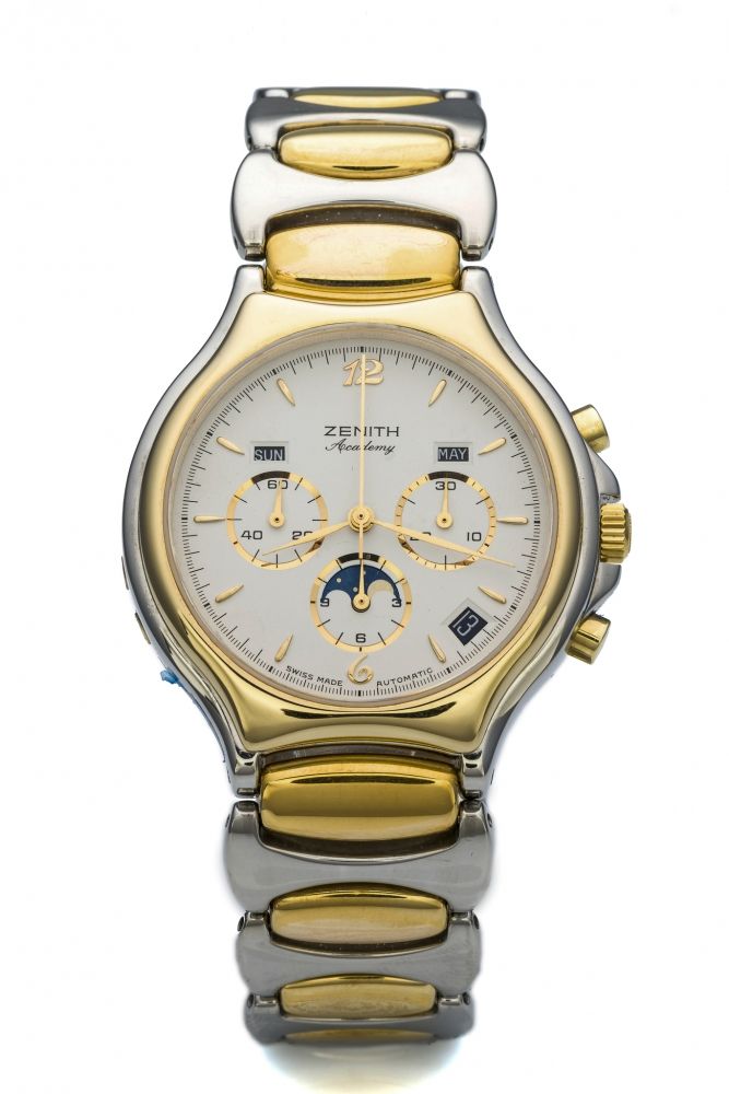 ZENITH, ACADEMY MOONPHASE A fine, stainless steel and gold plated, self-winding, triple date chronograph with moonphase.