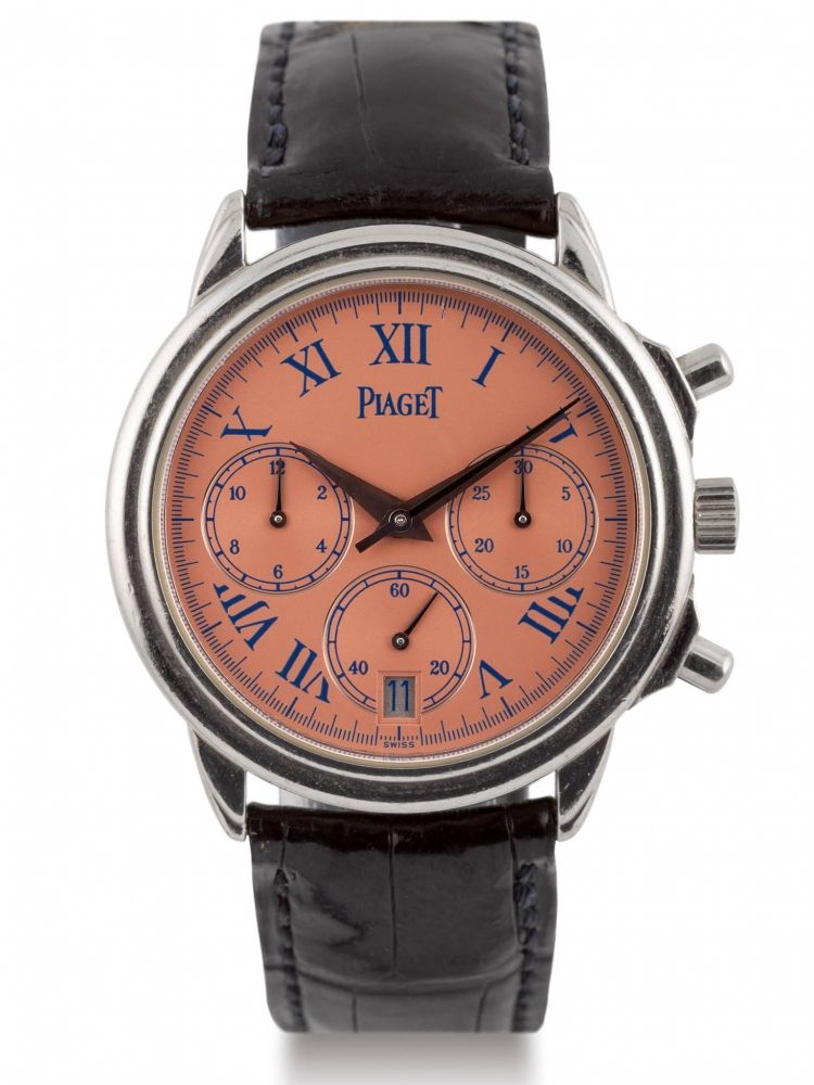 PIAGET PLATINUM "GOUVERNEUR" Very fine and elegant, self-winding, water-resistant, platinum wristwatch with a round-button chronograph, registers, date. Très belle montre bracelet en platine, étanche, chronographe avec poussoirs ronds, compteursdes minute
