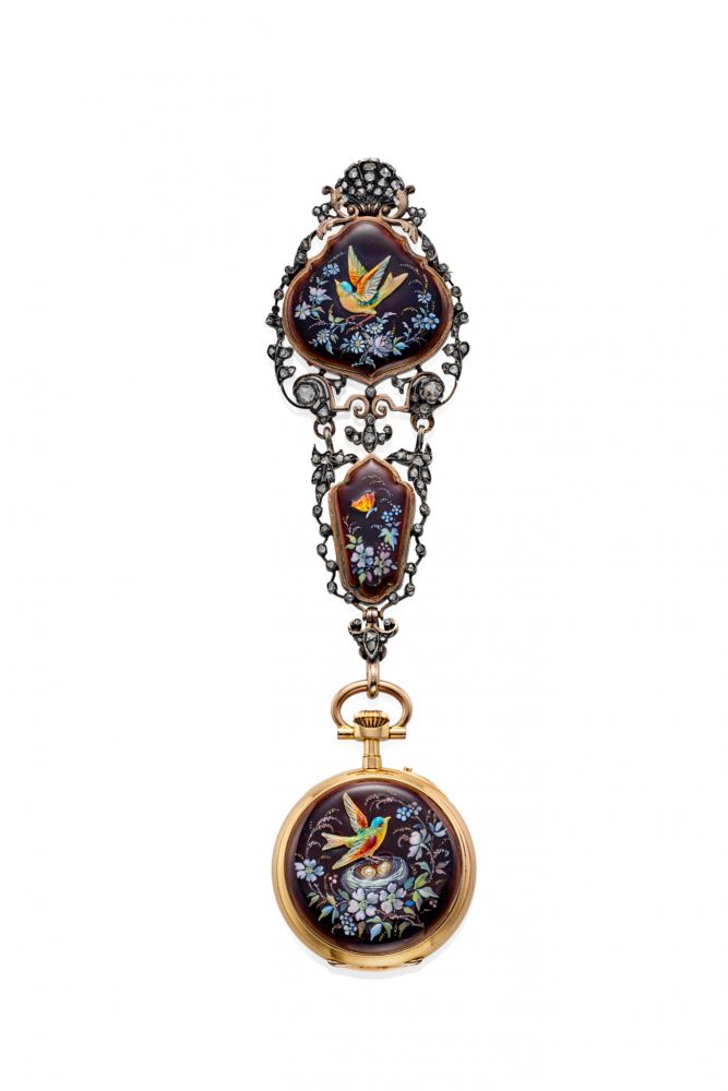 CHARLES OUDIN DECORATIVE PENDANT-WATCH WITH ITS CHATELAINE. 18K PINK GOLD, ENAMEL, PEARLS AND DIAMONDS