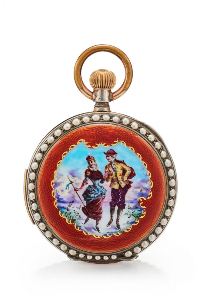 TAVANNES WATCH CO. FOR SCHWOB FRÈRES & CO. ART NOUVEAU HUNTING-CASE POCKET WATCH WITH MINUTE-REPEATER MADE FOR THE CHINESE MARKET. GILDED SILVER, ENAMEL AND PEARL-SET