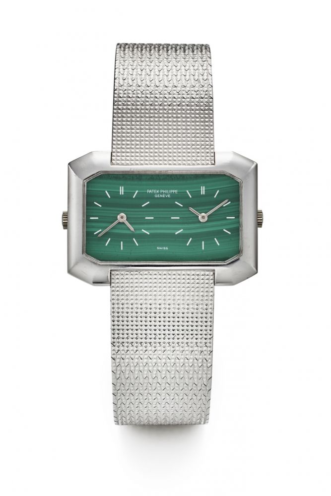 PATEK PHILIPPE REF. 4404-5, TWO-TIME ZONE WITH TWO MOVEMENTS AND MALACHITE DIAL. “ DUAL-TIME” SO-CALLED “GEMINI”. 18K WHITE GOLD