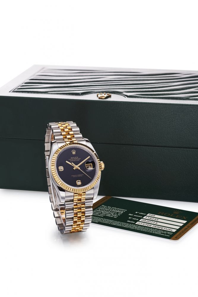 ROLEX REF 116233,STEEL AND GOLD DATEJUST ONYX AND DIAMOND.