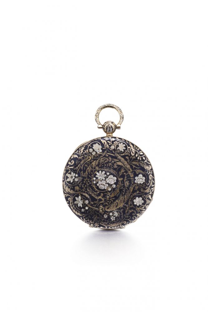 BAUTTE & MOYNIER DECORATIVE POCKET WATCH WITH DIGITAL HOURS AND SUBSIDIARY SECONDS. 18K YELLOW GOLD AND ENAMEL