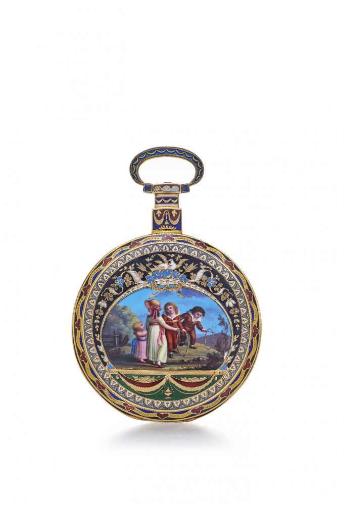 ILBERY POCKET WATCH MADE FOR THE CHINESE MARKET, WITH SPECIAL SOLID RED GOLD MOVEMENT. 18K YELLOW GOLD AND ENAMEL