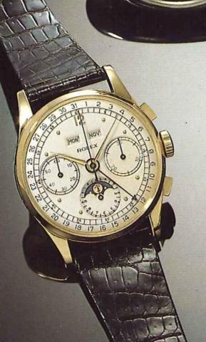Rolex Complications, Ref. 81806, produced.in 12 examples only in 1950..Extremely fine and rare astronomic, 18ct gold.gentleman's wristwatch with square button.chronograph, registers, triple date and moon.phases.