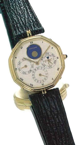 G_rald Genta, Ref. 2840.7, present series..Fine octogonal, astronomic, self-winding, 18ct gold.gentleman's wristwatch with perpetual calendar.and moon phases.