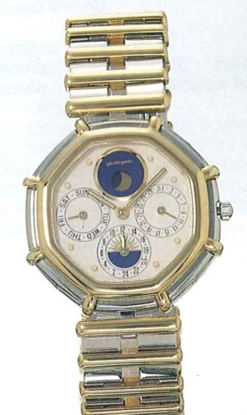 G_rald Genta, Ref. 2859.4, present series..Fine octogonal, astronomic, two time-zone,18ct.gold and stainless steel gentleman's wristwatch.with double date and moon phases, and matching.bracelet.