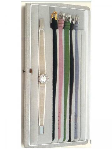 Rolex, Cam?l?on, Ref. 2018. Produced in the1950's..Fine and unusual, 18K white gold and diamonds lady's wristwatch with assorted light blue, pink, and green linen texture, black velvet, brown leather and 18K white gold woven sliding straps. Accompanied by